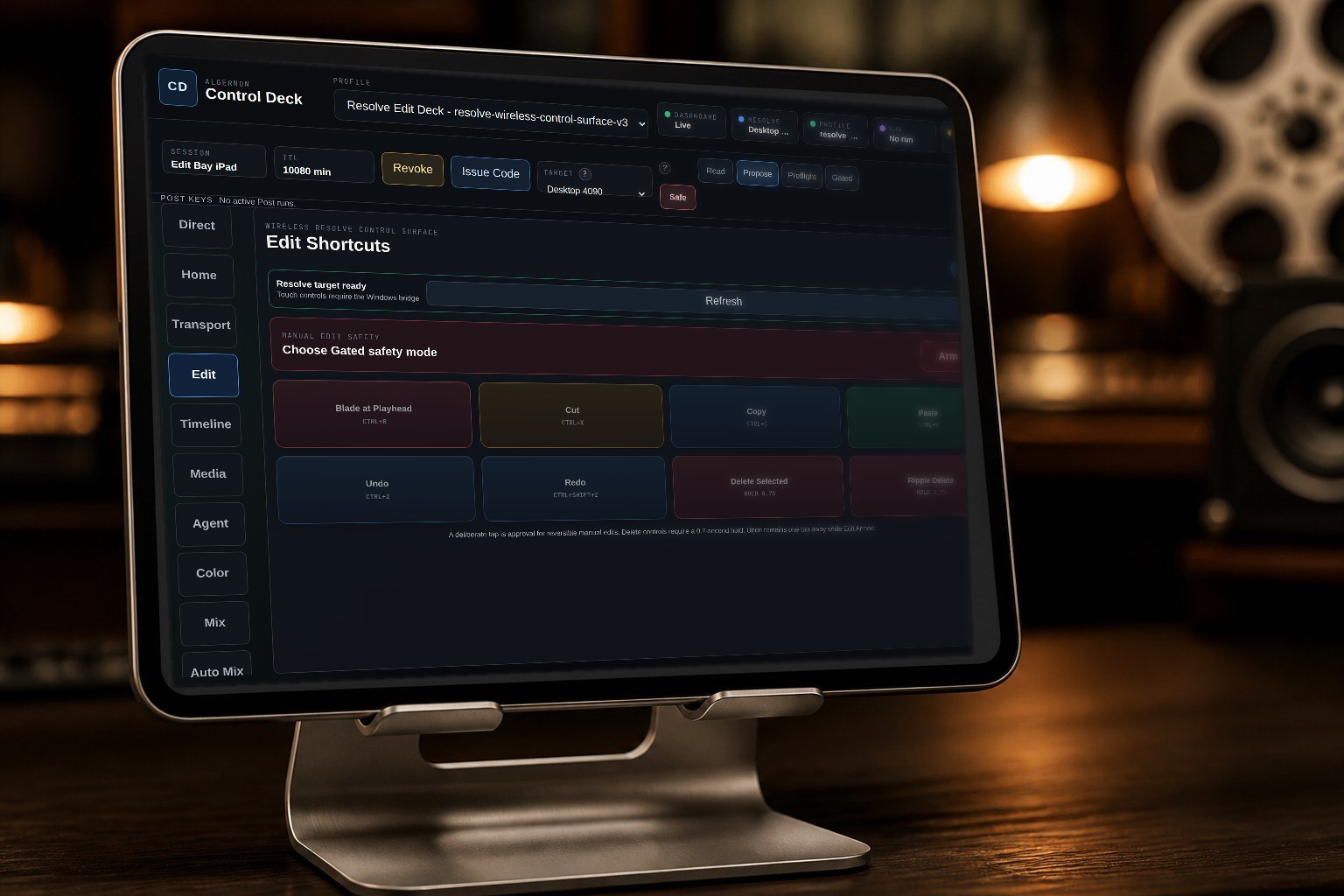 The Control Deck edit surface on a tablet beside the working monitors