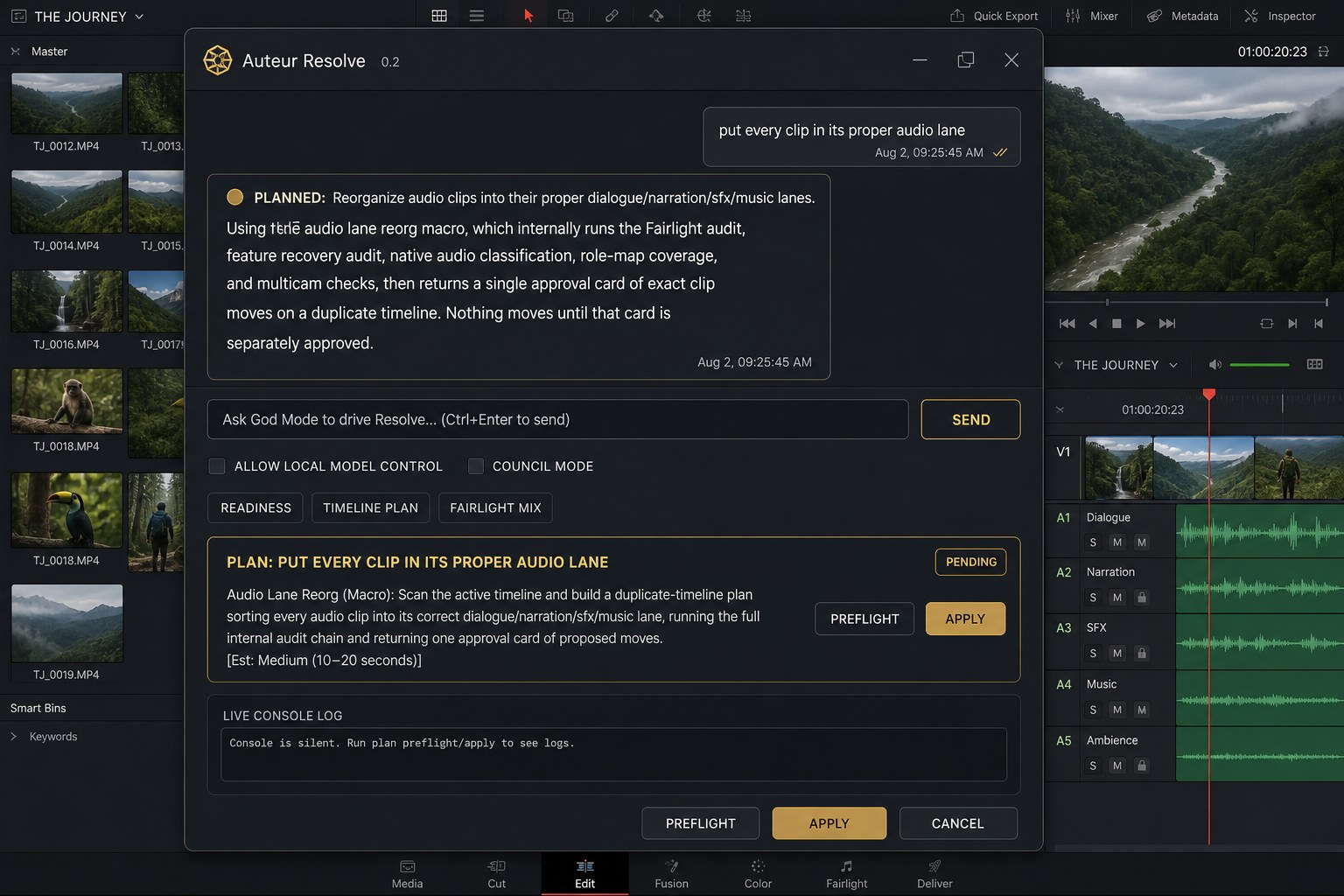 The Auteur Resolve panel planning an audio-lane reorganization inside DaVinci Resolve