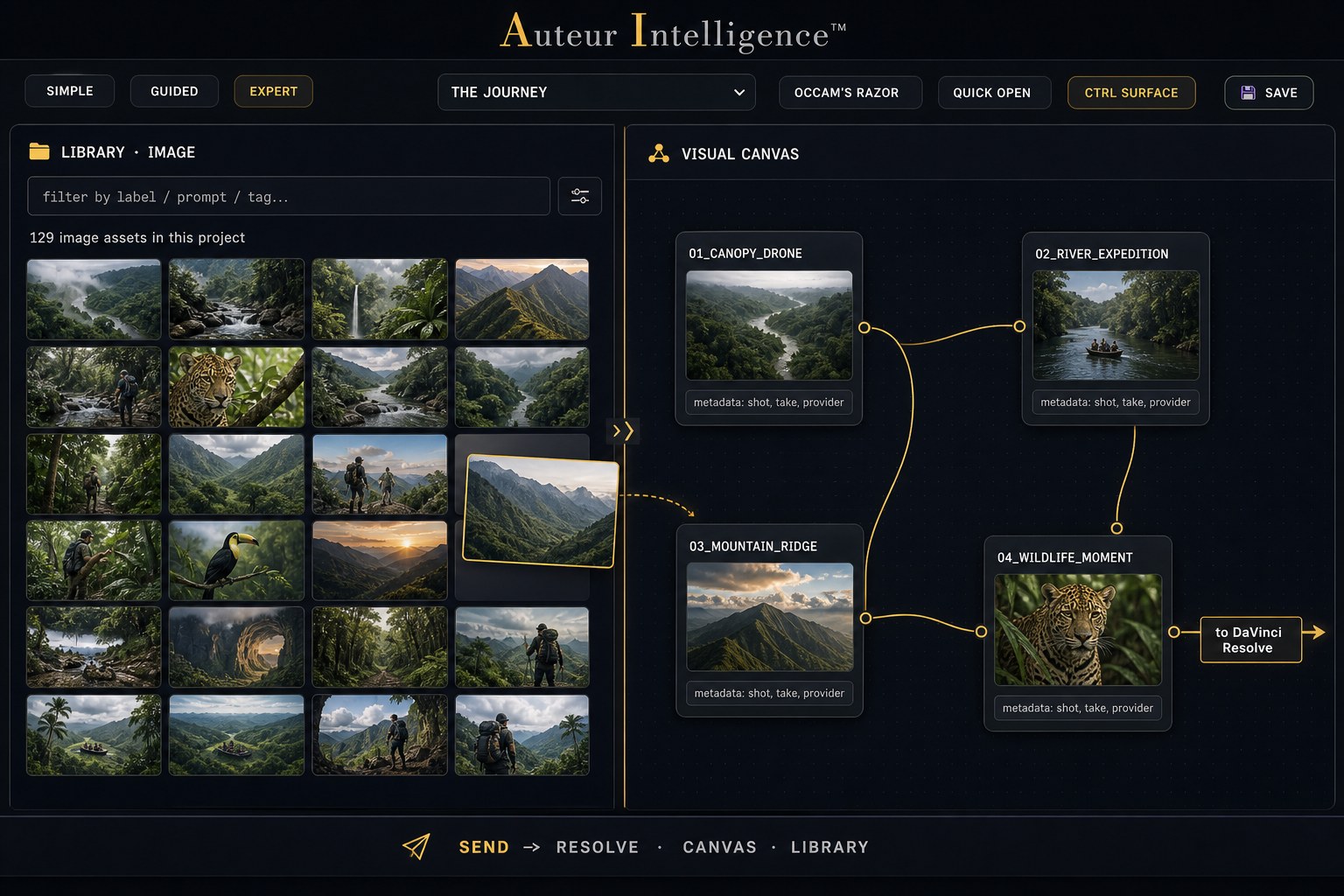 Split view: the shared media library beside the Visual Canvas, with an asset mid-drag between them