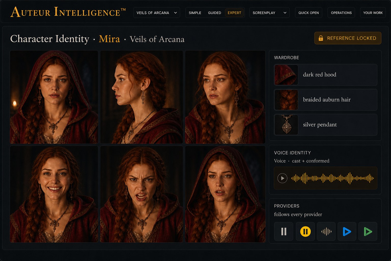 The character reference sheet: one identity, locked, followed by any provider you use